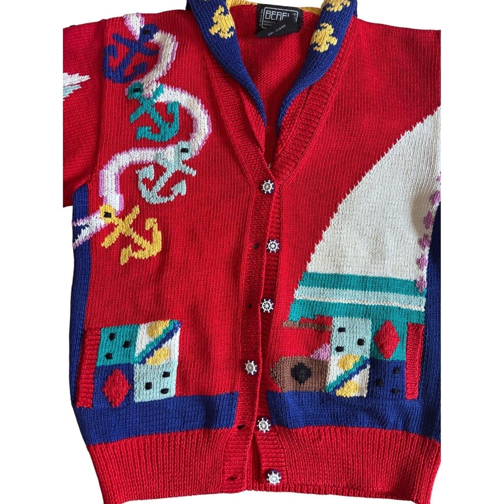 Vintage BEREK Women Red Nautical Handknit Cardigan Sweater size S